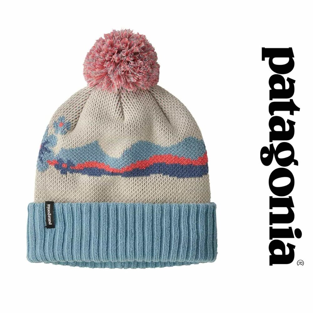 Patagonia | Pastel Pink, Cream & Blue Floral Powder Town Pom Beanie | Size Kids